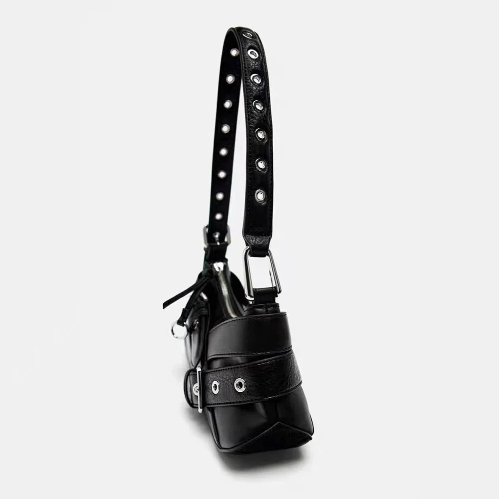 Goth Y2K Black Punk Rivet Chain School PU Leather Skeleton Fashion Backpack Bag