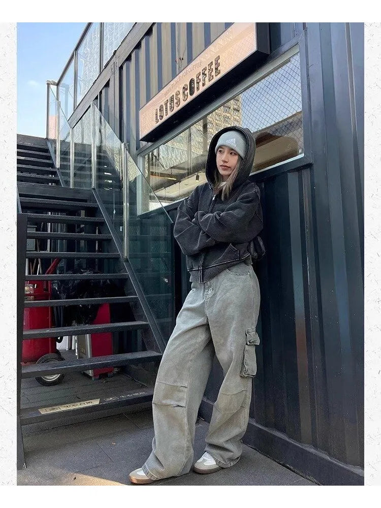 Grunge Gray Cargo Vintage Y2K Oversize Baggy Denim Wide Leg Harajuku Pant