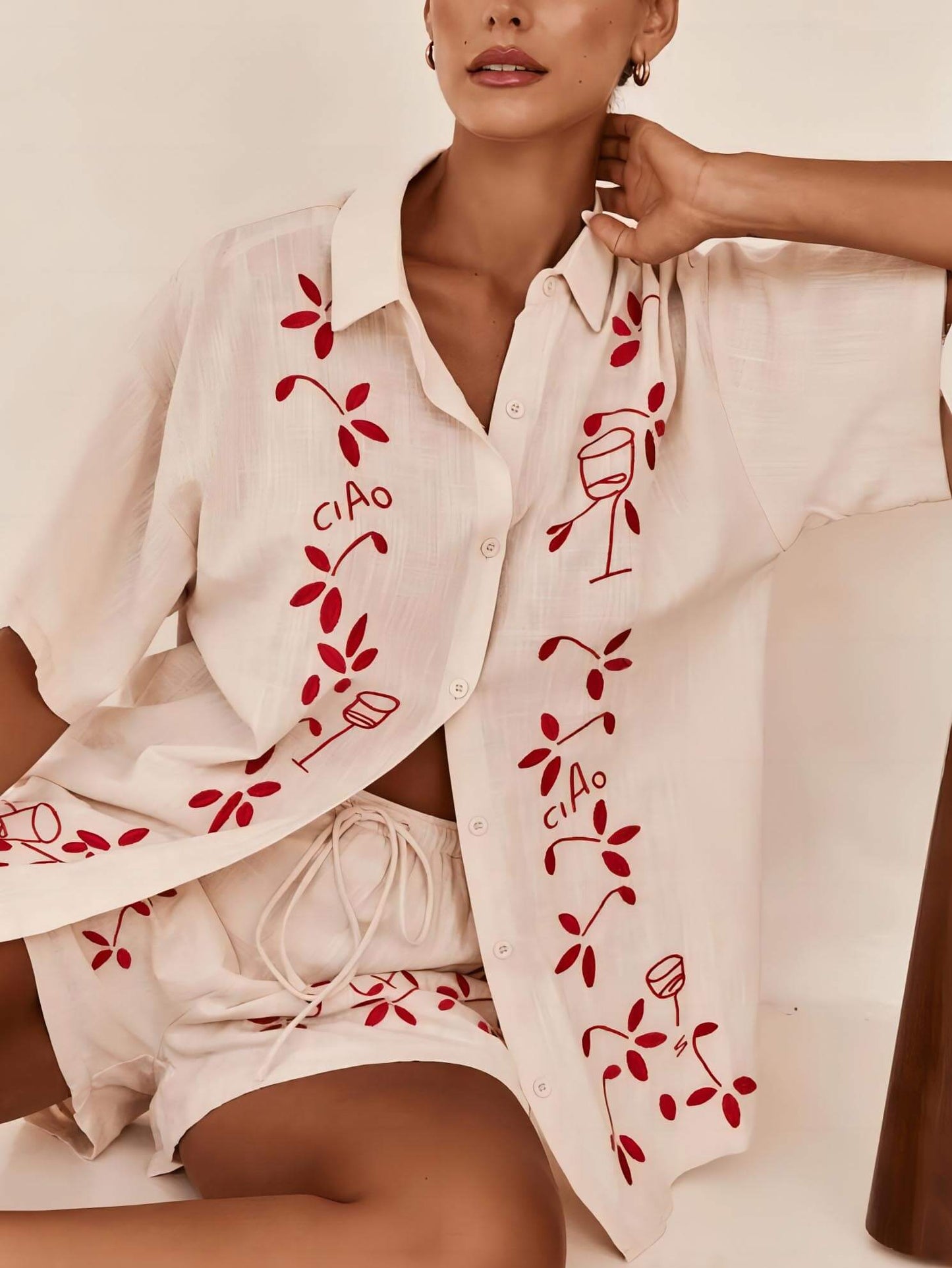 Square Collar Loose-Fitting Drop Sleeve Short Set