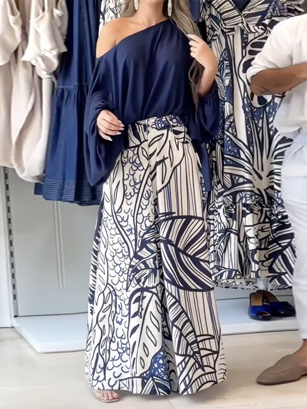 Loose Puff Sleeves Solid Color Off-The-Shoulder Blouses& Printed Pants Two Pieces Set