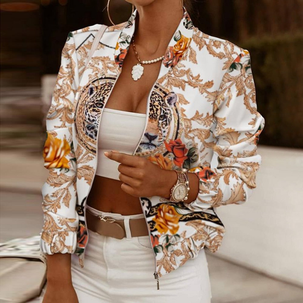 Flower Print Long Sleeve Bomber Jacket