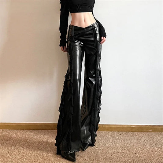 Gothic Zip Casual Flare Pants Faux PU Mesh Pants