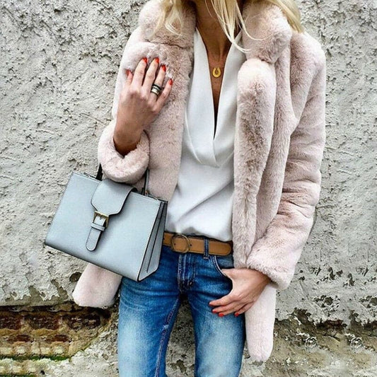 Faux Fur Coat Autumn Winter Fluffy Warm Plush Teddy Jackets Fashion Long Sleeve Lapel Fur Coats Overcoat Ladies Outerwear
