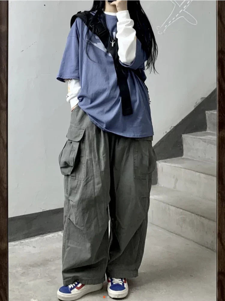 Gray Cargo Harajuku Grunge Baggy Japanese Style Oversize Wide Leg Pant
