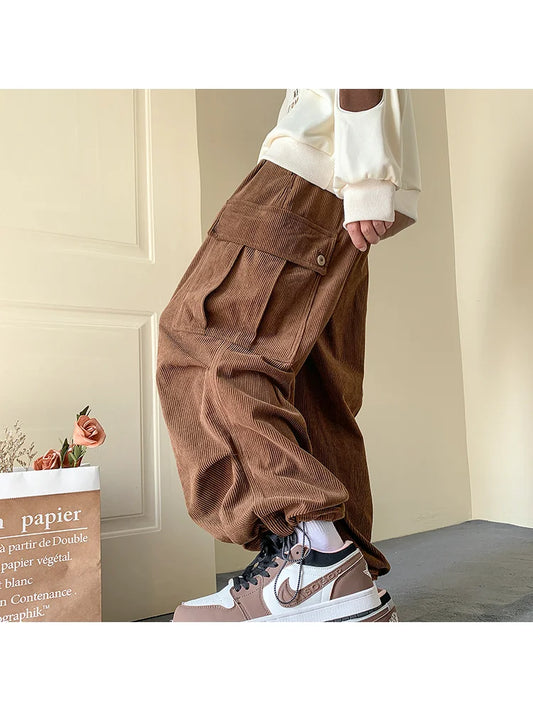 Harajuku Vintage Brown Corduroy Cargo Japanese Style Hip Hop Oversized Baggy Pant