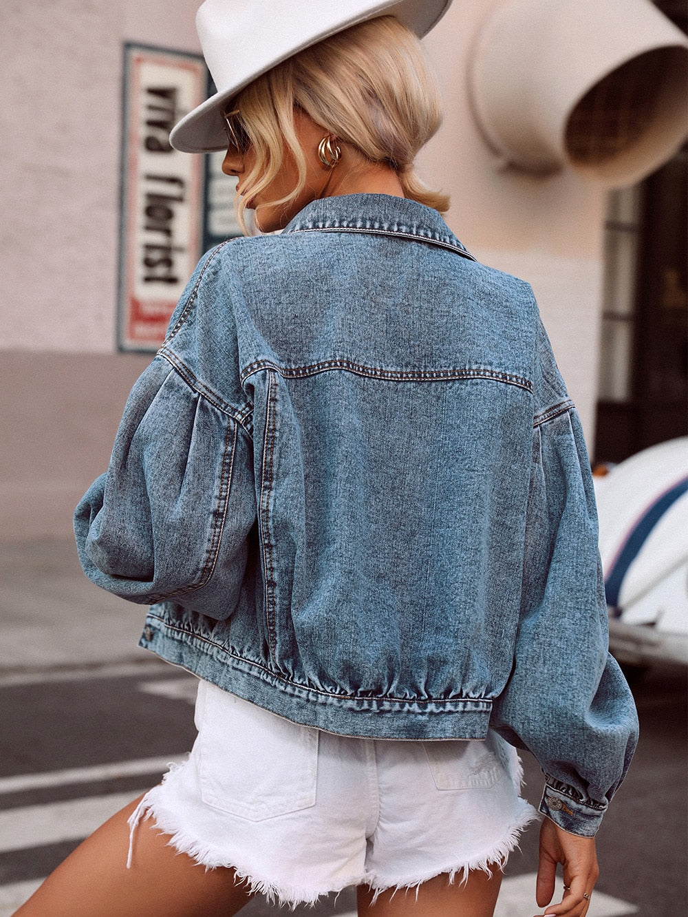 Single Breasted Lantern Sleeve Denim Jacket