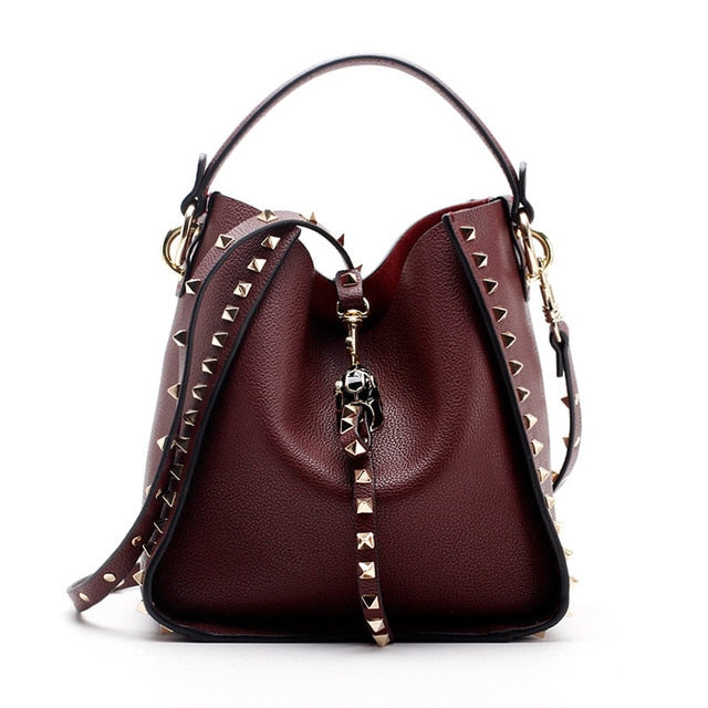 Luxe Riveted Leopard Head Lock Leather Bucket Bag - 7 Colors