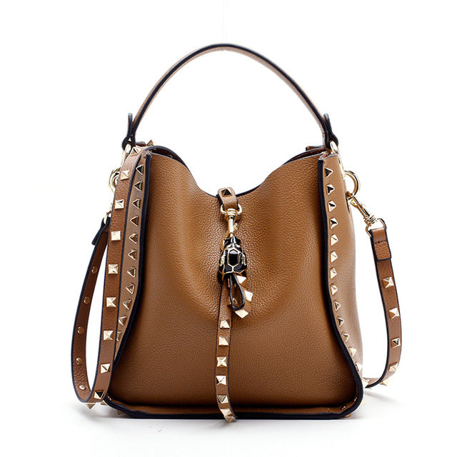Luxe Riveted Leopard Head Lock Leather Bucket Bag - 7 Colors