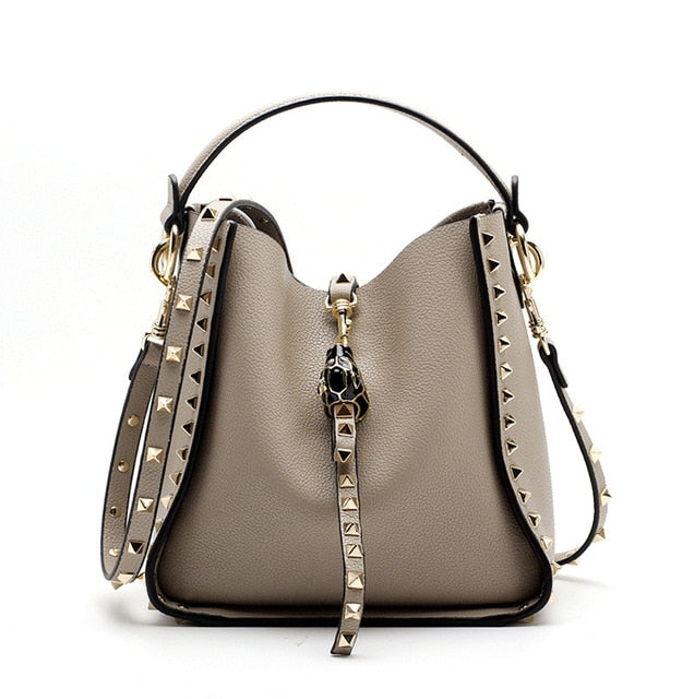 Luxe Riveted Leopard Head Lock Leather Bucket Bag - 7 Colors