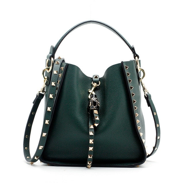 Luxe Riveted Leopard Head Lock Leather Bucket Bag - 7 Colors