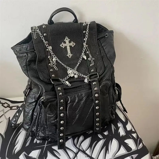Goth Y2k Black Punk Rivet Chain Skeleton Fashion Backpack Bag