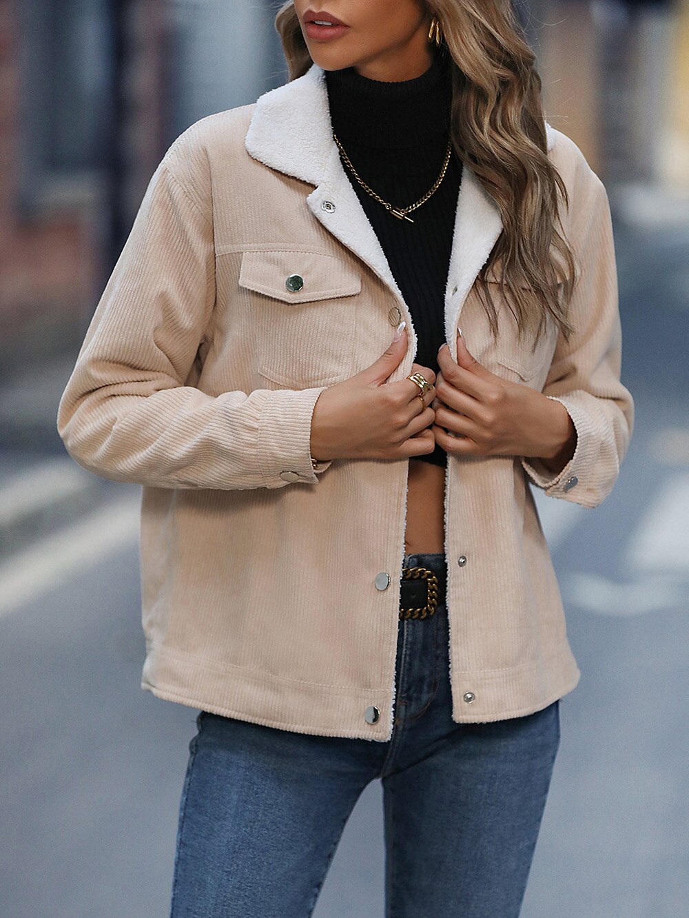 Solid Flap Pocket Corduroy Jacket