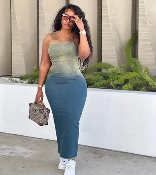 Gradient Denim Corset Slit Midi Dress