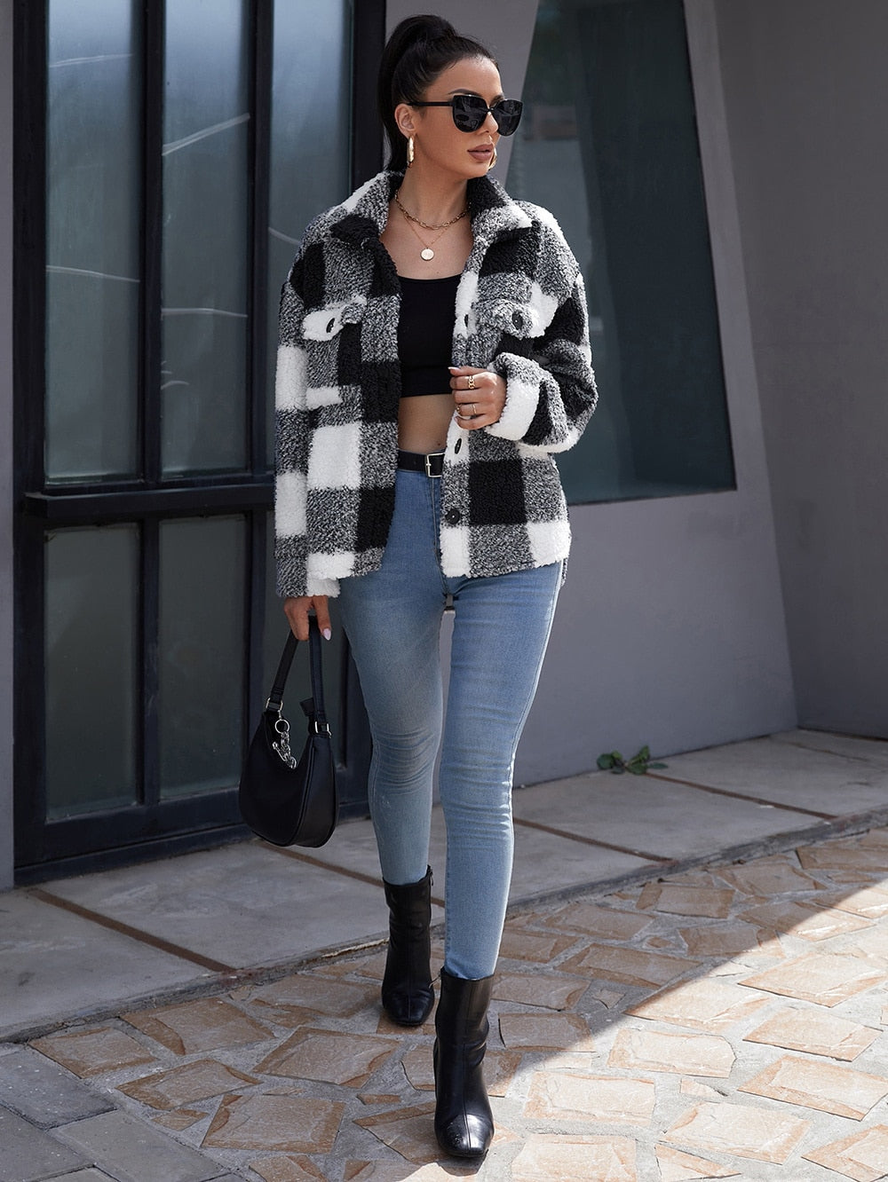 Plush Plaid Flap Pocket Coat