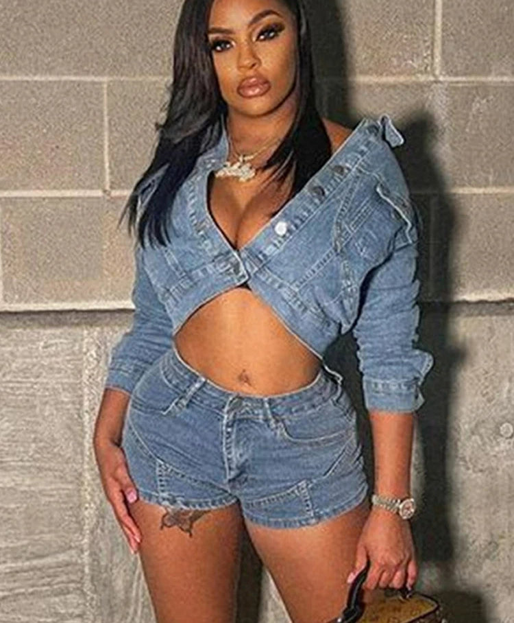 Denim Hipster Crop Button Pocket Jacket Two Piece Shorts Set